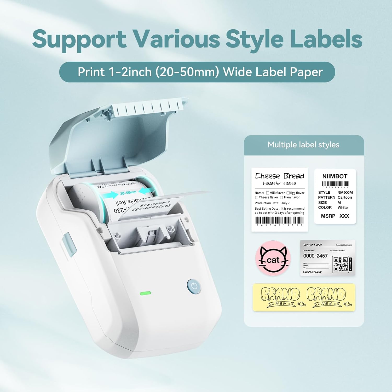 NIIMBOT B1 Label Printer with 1 Roll Starter Tape, Bluetooth Self-Adhesive Labeler, Labelling Device, Print Size 20-50 mm, Compatible with iOS and Android for Home, Office (Light Blue) – Bild 2