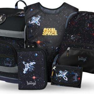 Baagl School Bag Boys Girls Set of 5 (Zippy School Bag for 1st Grade, Pencil Case, Gym Bag, Apron, Neck Pouch), Primary School Satchel, Ergonomic School Backpack, 21 L