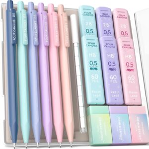 Four Candies 0.5 mm Mechanical Pencil Set, 6 Pieces Cute Mechanical Pencils with 360 Pieces Leads, 3 Pieces Pastel Erasers and 9 Pieces Eraser Leads