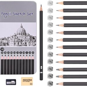 OWLKELA Pencils Set, 12 Pieces Professional Drawing Pencils Set, 14B 12B 10B 8B 6B 4B 2B B HB H 2H 4H, Artist Pencils in Metal Tin with Eraser & Sharpener, Sketch Pencils
