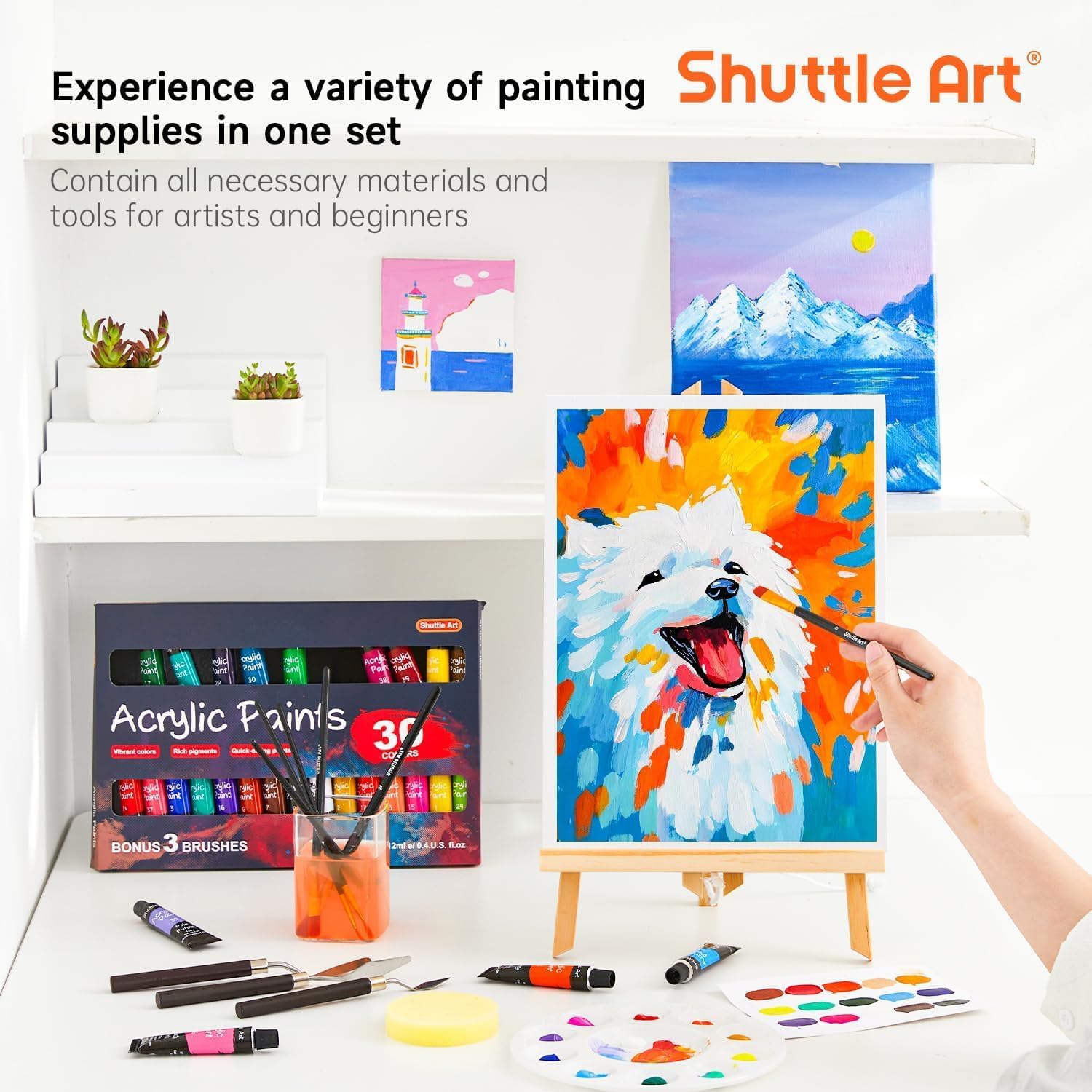 Shuttle Art 54-Piece Acrylic Paint Set, Professional Painting Set with Table Easel, 30 Acrylic Paints, Canvas, Brush, Palette, Complete Accessories, Painting Set for Children and Adults with Easel Wood – Bild 8