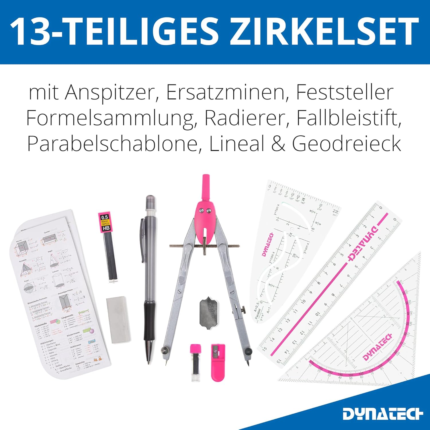 DynaTech Compass Set Geometry Set 13 Pieces with Quick Adjusting Compass, Set Square, Parabola, Pencil, Ruler, Sharpener and Replacement Leads in Case Pink - Practical Mathematics Set Including Pencil Case – Bild 4