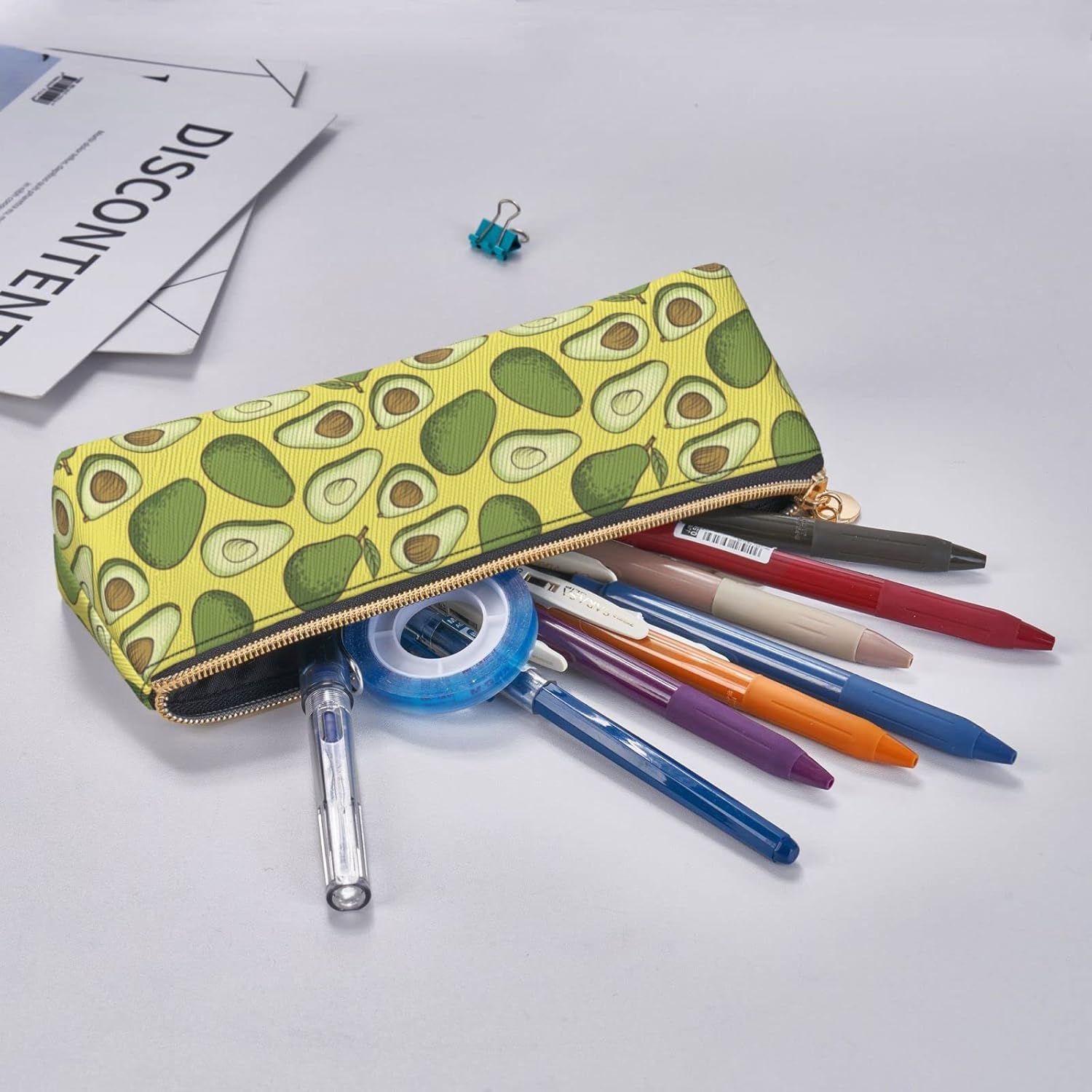 Federmäppchen mit niedlichem Avocado-Muster, Kosmetiktasche, Stifttasche, Leder, dreieckige Aufbewahrungstasche, Reißverschluss, Schreibwaren-Organizer für Erwachsene, Büro – Bild 7