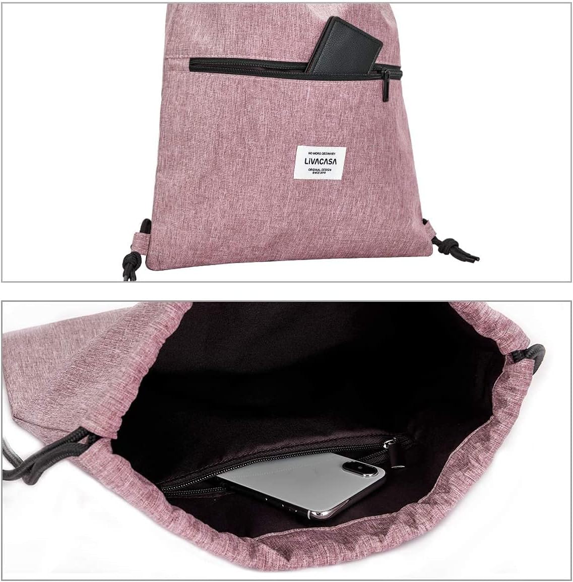 LIVACASA Turnbeutel Mit Reißverschluß Innentasche Sportbeutel Wasserdicht Hipster Beutel Seitentasche Gym Bag Gefüttert Rucksack Mit Verstellbar Tunnelzug Gymsack für Damen und Herren Schwarz – Bild 5