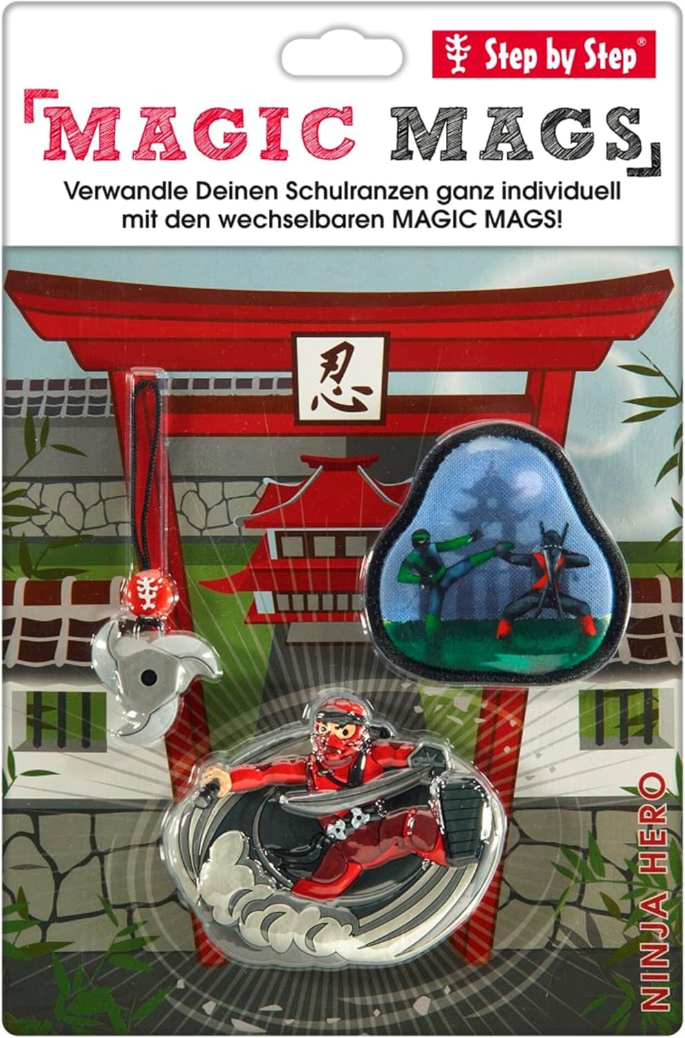 Step by Step Magic Mags Ninja Yuma, Grey/Red, Set of 3, 2 Magnetic Appliques and 1 Charm, Accessory for School Bag or Nursery Backpack – Bild 2