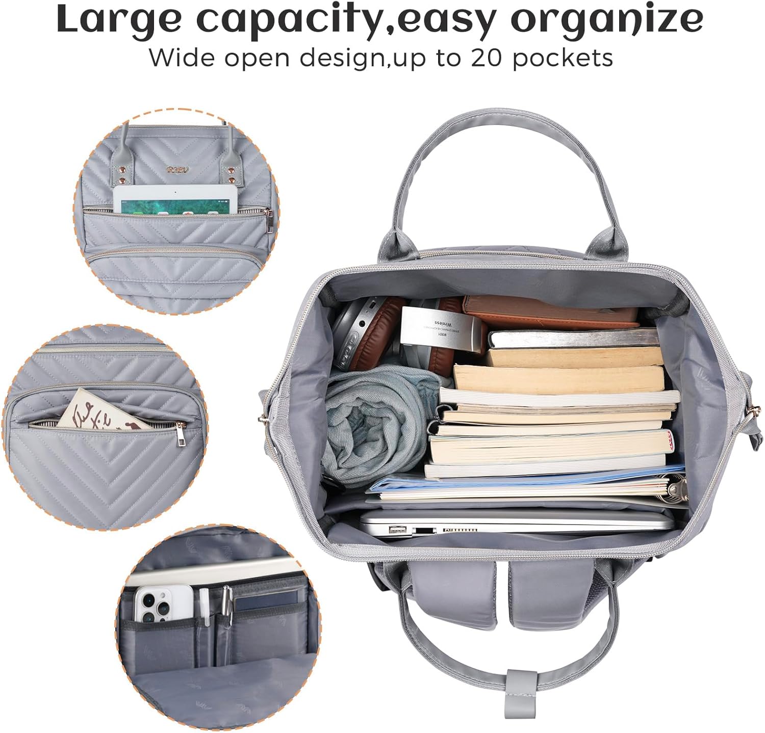 Women's Laptop Backpack with Handle 15.6 Inch Laptop Compartment, School Backpack Teenager School Backpack Bag for University Study Student, Work Bag Gift for Women (S41-V-Grey, Fits 15.6 Inch Laptop) – Bild 2
