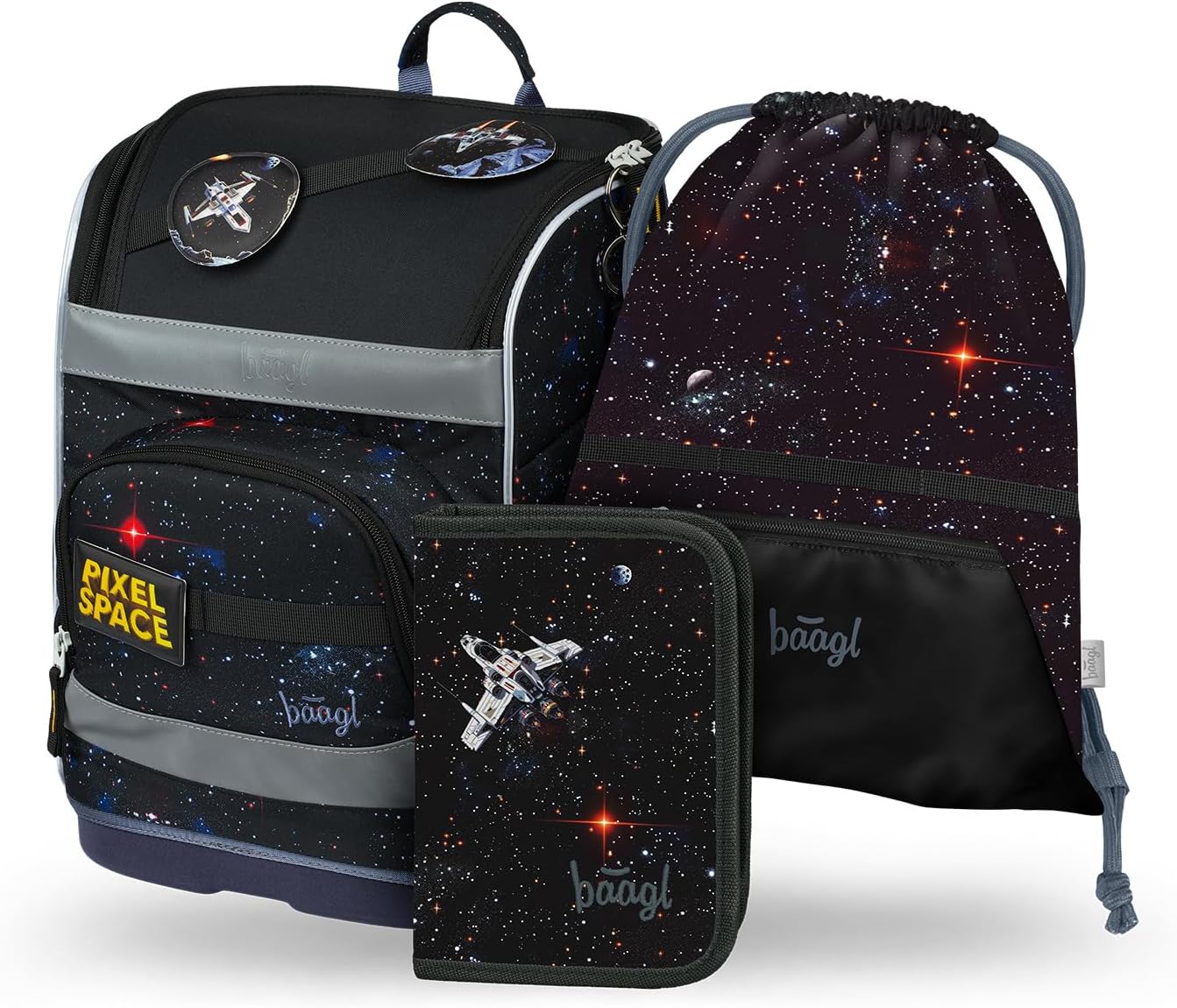 Baagl School Bag Boys Girls Set of 3 (Zippy School Bag for 1st Grade, Pencil Case, Gym Bag), Primary School Satchel with Chest Strap, Waist Belt, Ergonomic School Backpack, 21 L