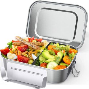 Stainless Steel Lunch Box - 2400 ml Lunch Box Stainless Steel - Lunch Box Metal for Adults - Stainless Steel Lunch Box with Divider, Design Snap Closures, Not Dishwasher Safe, 24 x 17 x 7.7 cm