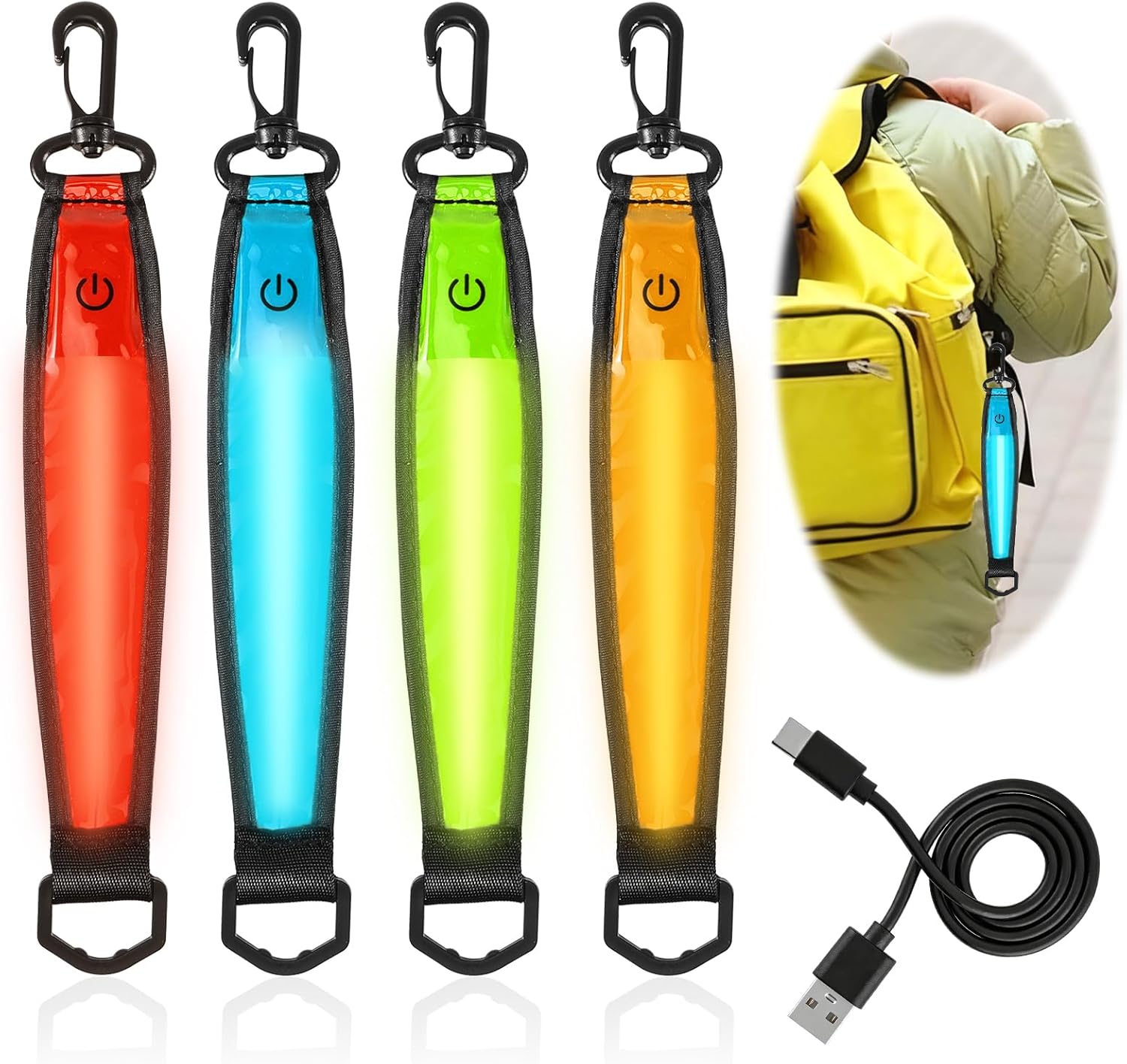 Pack of 4 LED Flashing Light School Bags - Rechargeable Backpack Lights, 3 Light Modes, USB Charging, Waterproof Reflector Pendant, Children's Safety Light for Running, Jogging, Hiking