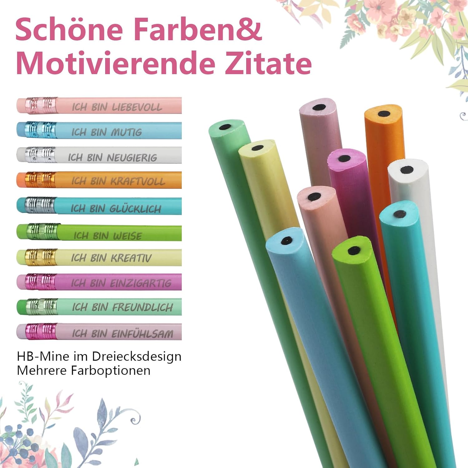 Set of 30 motivational pencils HB with eraser, 10 colours lucky pencil set with positive sayings such as "I am courage", wooden pencils for children school enrolment gifts. – Bild 3
