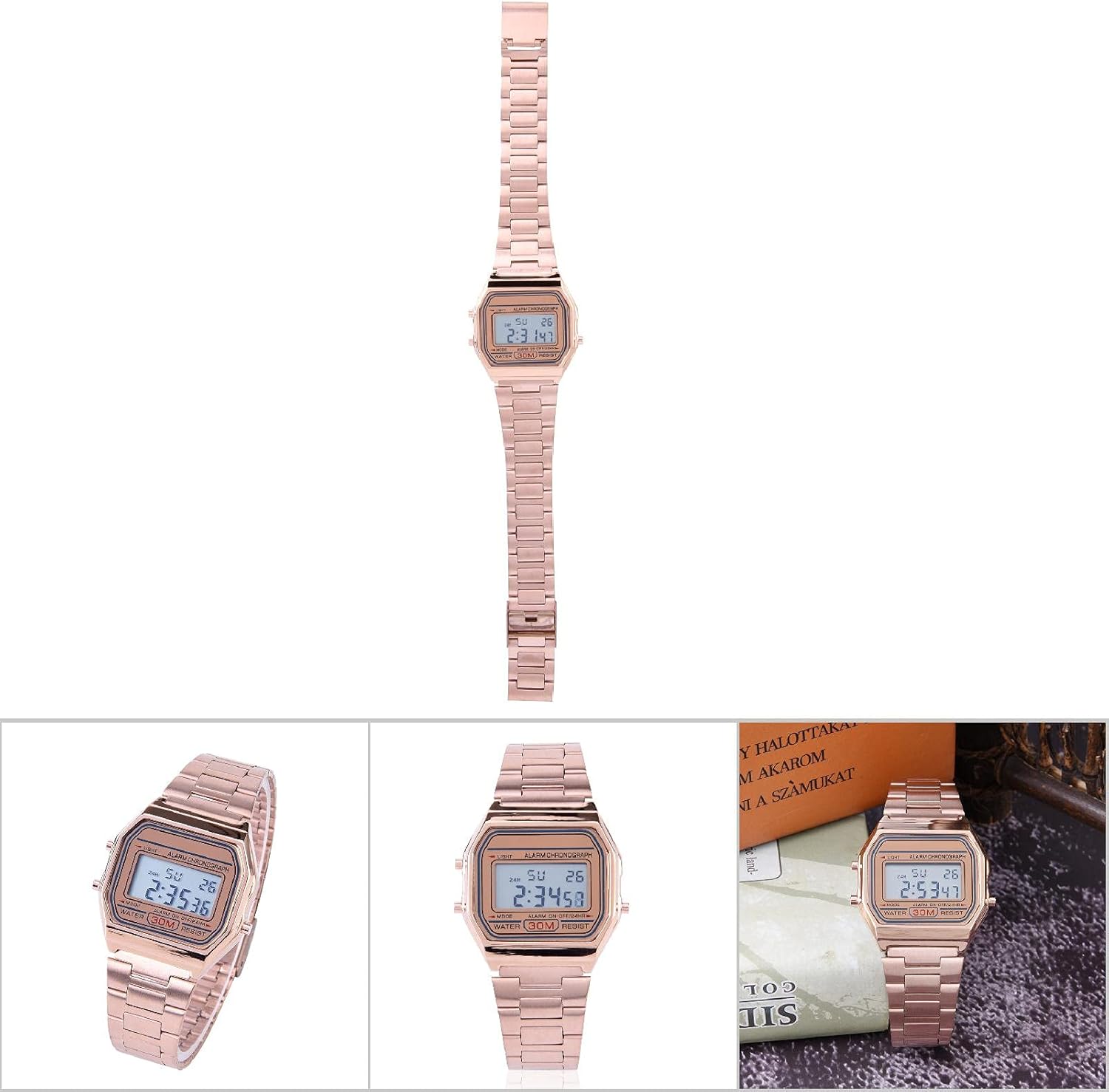 Tbest Old Digital Watch, Vintage Pink, B640Wc, Ceas Women's Digital Watch Digital LED Back Light Electronic Stainless Steel Strap Watch Rec Wristwatch Rose Gold – Bild 9