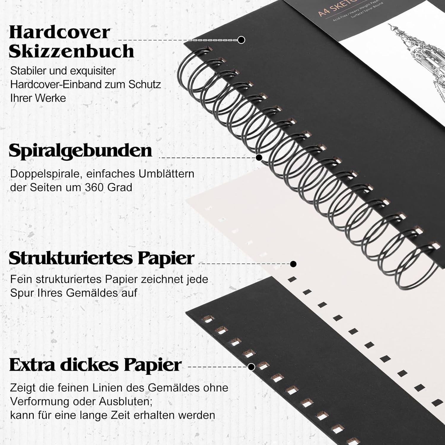 Sketch Book A4, Drawing Pad, Sketch Paper for Drawing, Colouring Pad, 200 g/m² Thick Paper, Spiral Binding for Artists, Children, Students (60 Sheets/120 Pages) – Bild 3