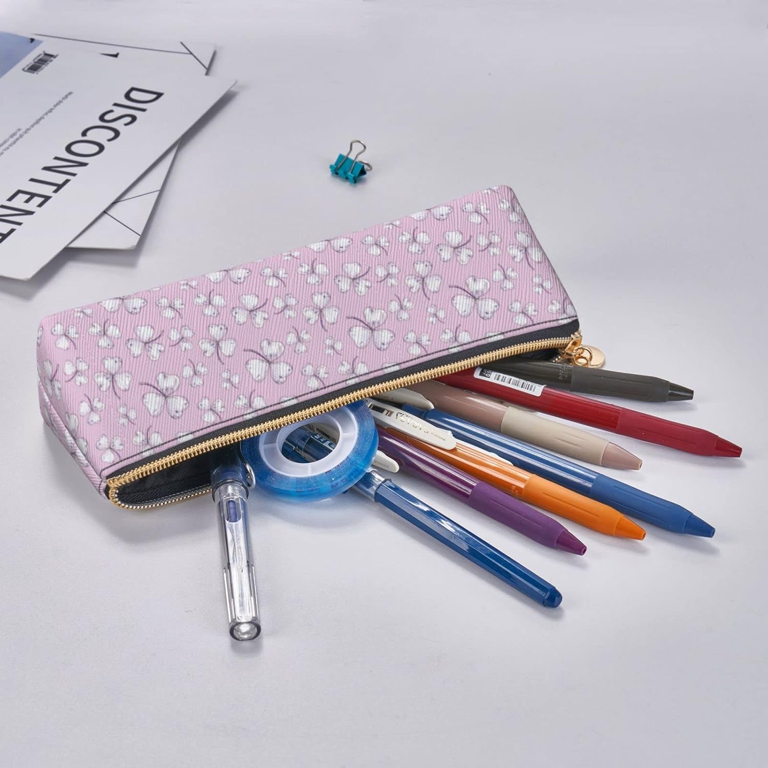 Clover Pencil Case Cosmetic Bag Pencil Case Triangle Leather Storage Bag Zipper Stationery Organizer for Adults Office, Clover, Bag organiser – Bild 7