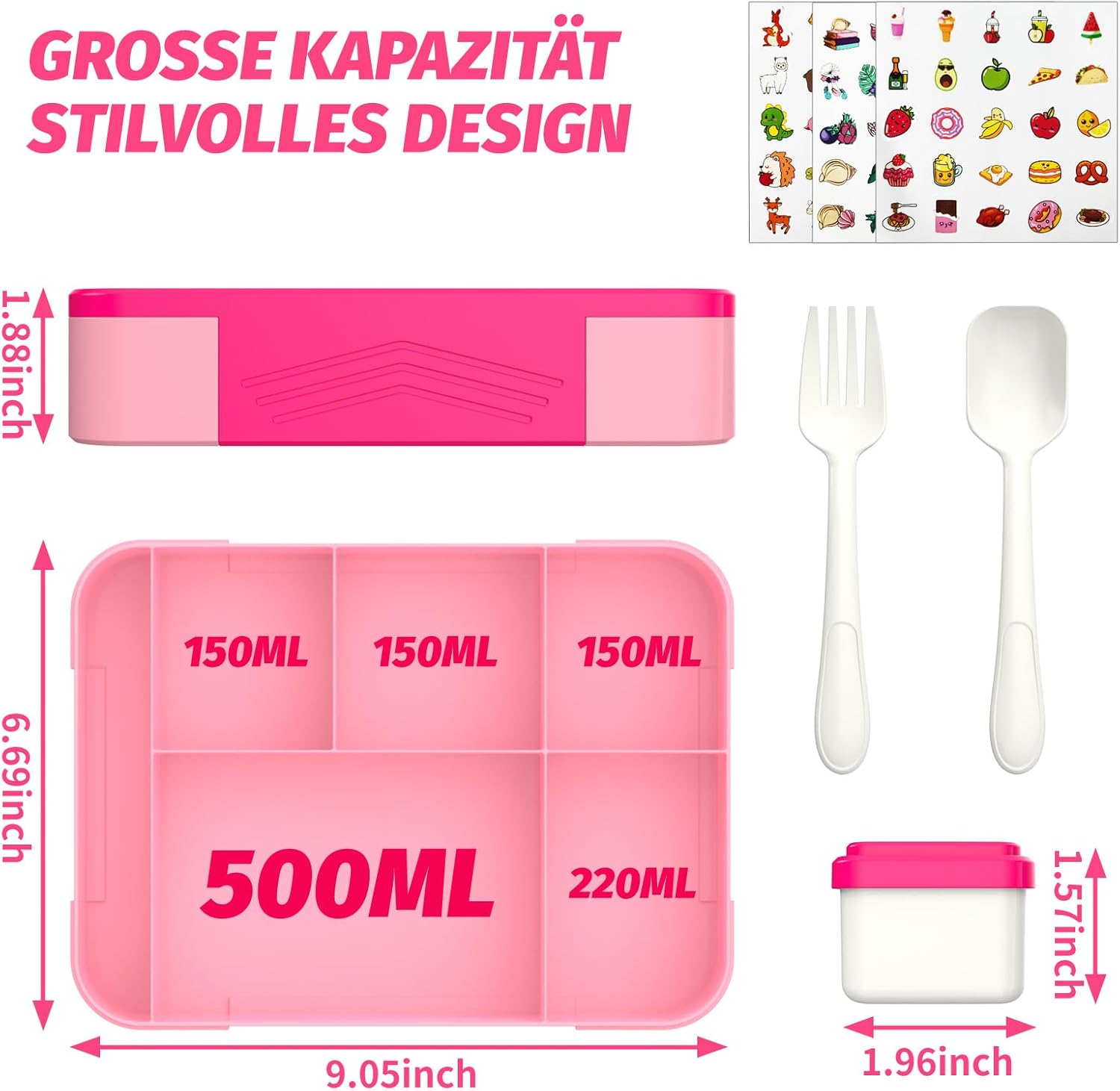 Children's Lunch Box with Compartments, 1300 ml Lunch Box Children, Bento Box with 5 Compartments, Cutlery Set, Leak-Proof Lunch Box for Nursery, School, Picnic, Excursion (Pink) – Bild 4