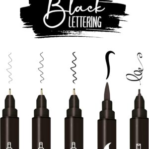 Online 5 x Fineliner Black Water Resistant with Brush Pen, Fineliner Tips and Calligraphy Tip Black Hand Lettering Set Ink Pens for Bullet Journal, Sketchnotes & DIY Gifts