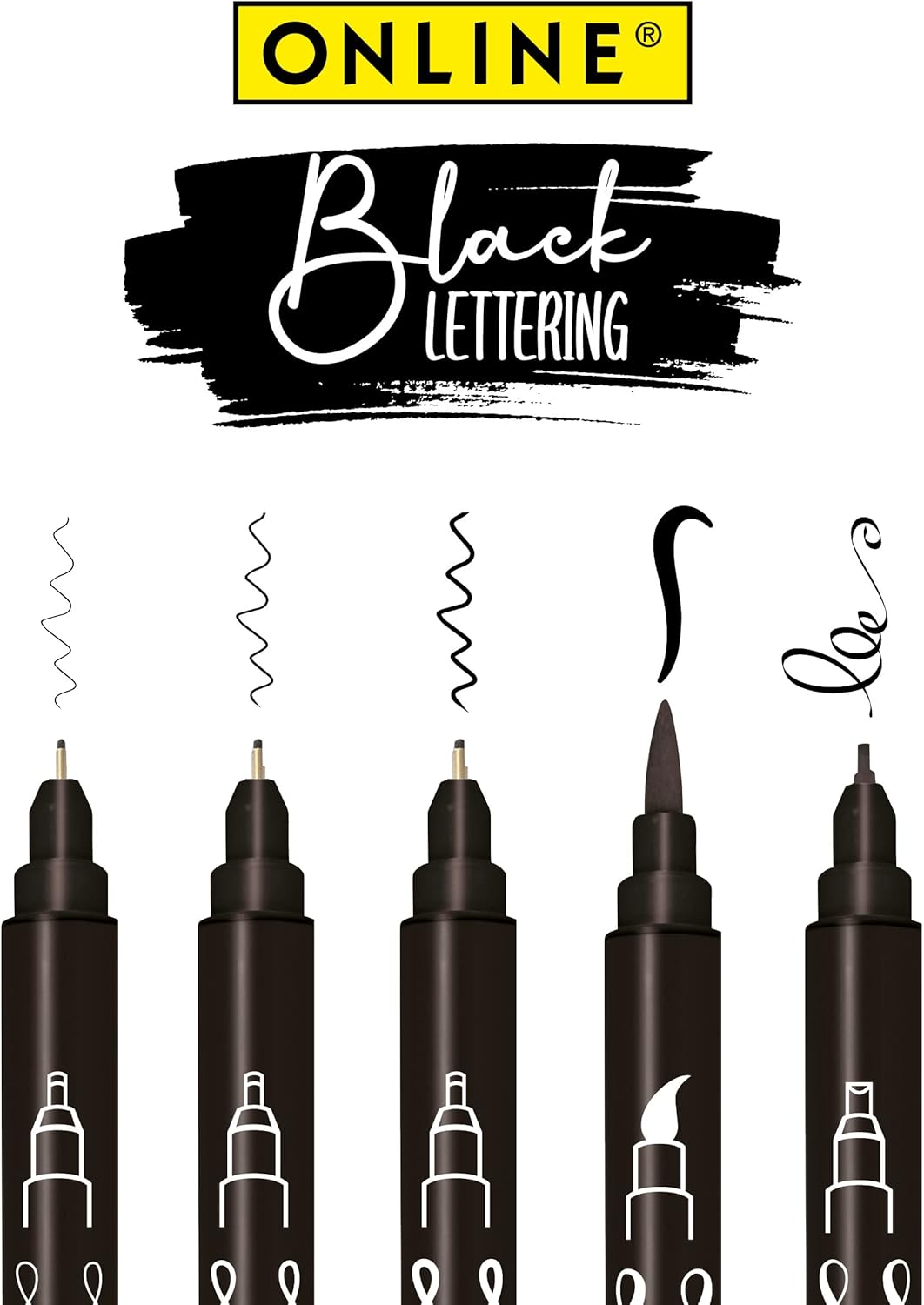 Online 5 x Fineliner Black Water Resistant with Brush Pen, Fineliner Tips and Calligraphy Tip Black Hand Lettering Set Ink Pens for Bullet Journal, Sketchnotes & DIY Gifts