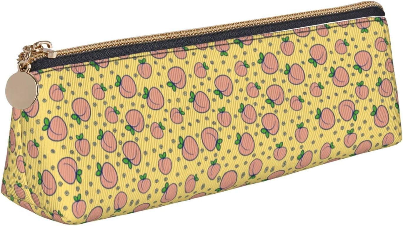 Federmäppchen mit Aquarell-Pfirsich- und Blättermuster, Kosmetiktasche, Stifttasche, dreieckiges Leder, Aufbewahrungstasche mit Reißverschluss, Schreibwaren-Organizer für Erwachsene im Büro