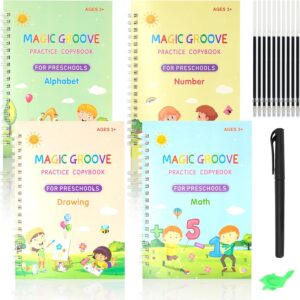 Pack of 4 English Magic Exercise Books with Pen Reusable Handwriting Magic Learning Books for Children Learning Maths, Letters, Numbers and Drawing (English Version
