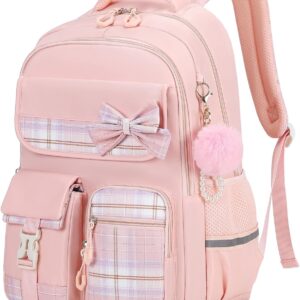 Tanou School Backpack Girls Children’s Backpack Waterproof Backpack Teenager Daypack Kawaii Checked School Bag for Girls 9-16 Years with Trolley Strap