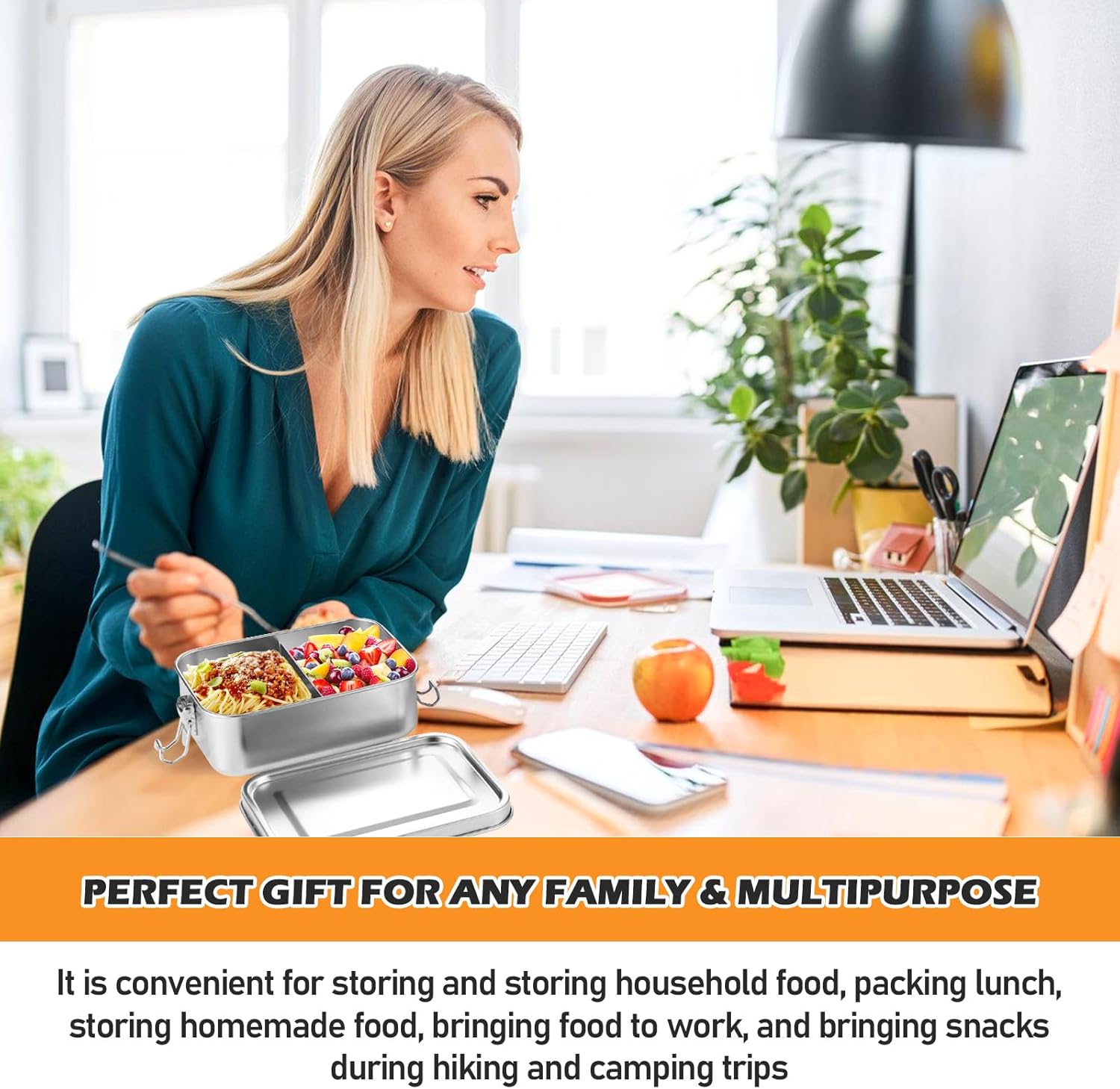 Stainless Steel Lunch Box, Pack of 3, Lunch Box, Leak-Proof Lunch Box with Compartments and Sealing Ring in Volumes 2400 ml, 1400 ml and 850 ml, 304 Steel Bento Boxes for School, Work – Bild 7