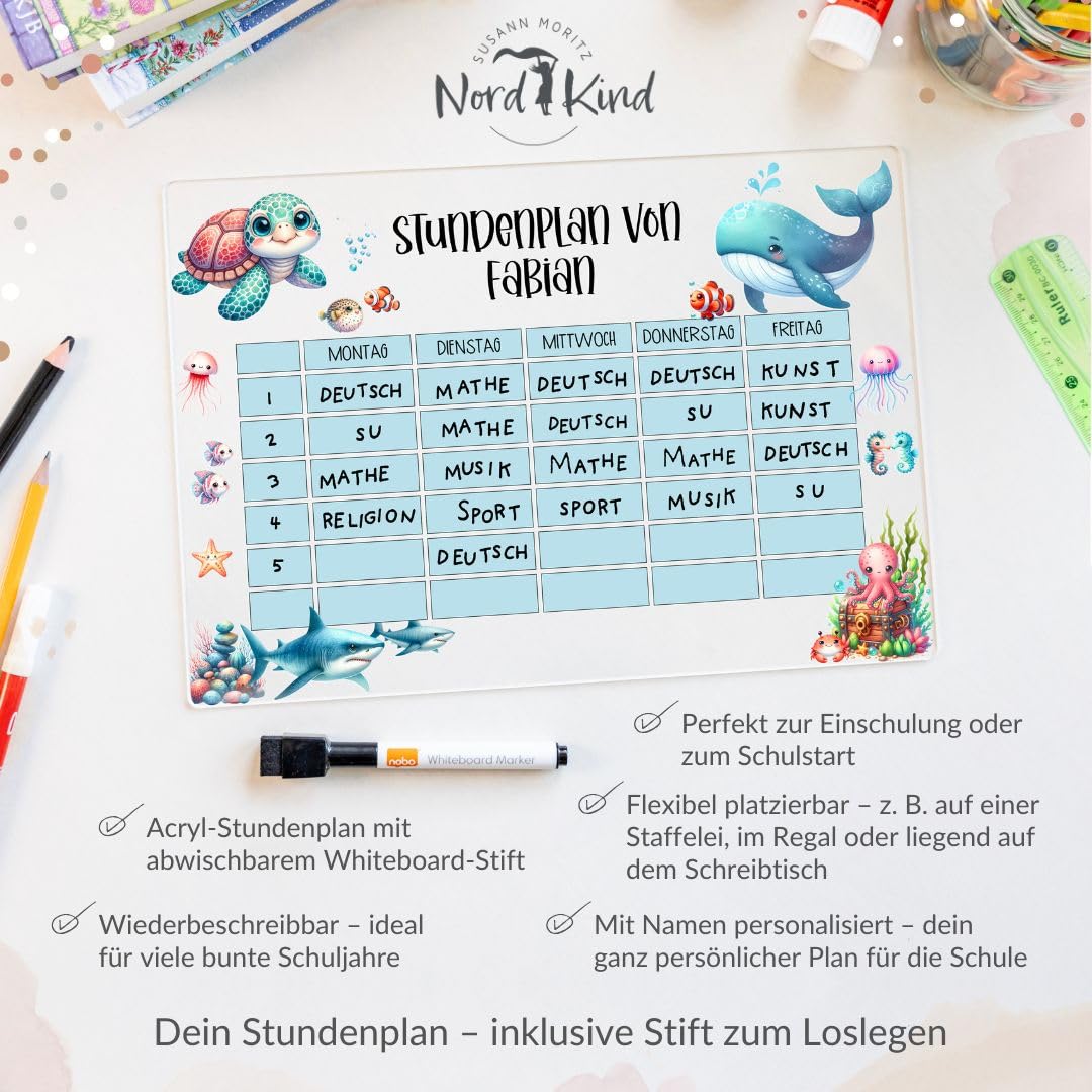 Nord-Kind Children's 1st Class Personalised Timetable - Wipe-Clean Acrylic Timetable for Standing or Hanging - Timetable Girls & Boys for School Enrolment (Underwater World 1) – Bild 4