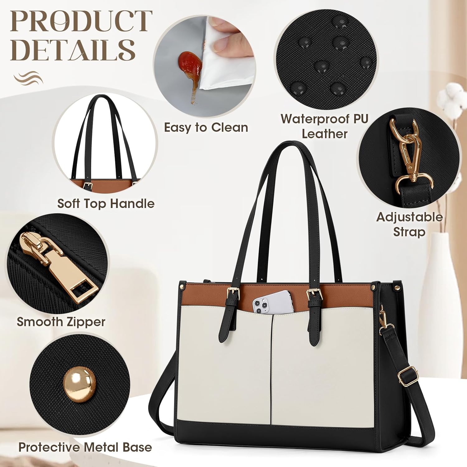 RAINSMORE Women's Laptop Bag with Insulated Lunch Compartment 15.6 Inch Handbag Women's Large PU Leather Work Bag Briefcase Waterproof Shoulder Bag for Work School, Black, brown, white – Bild 6