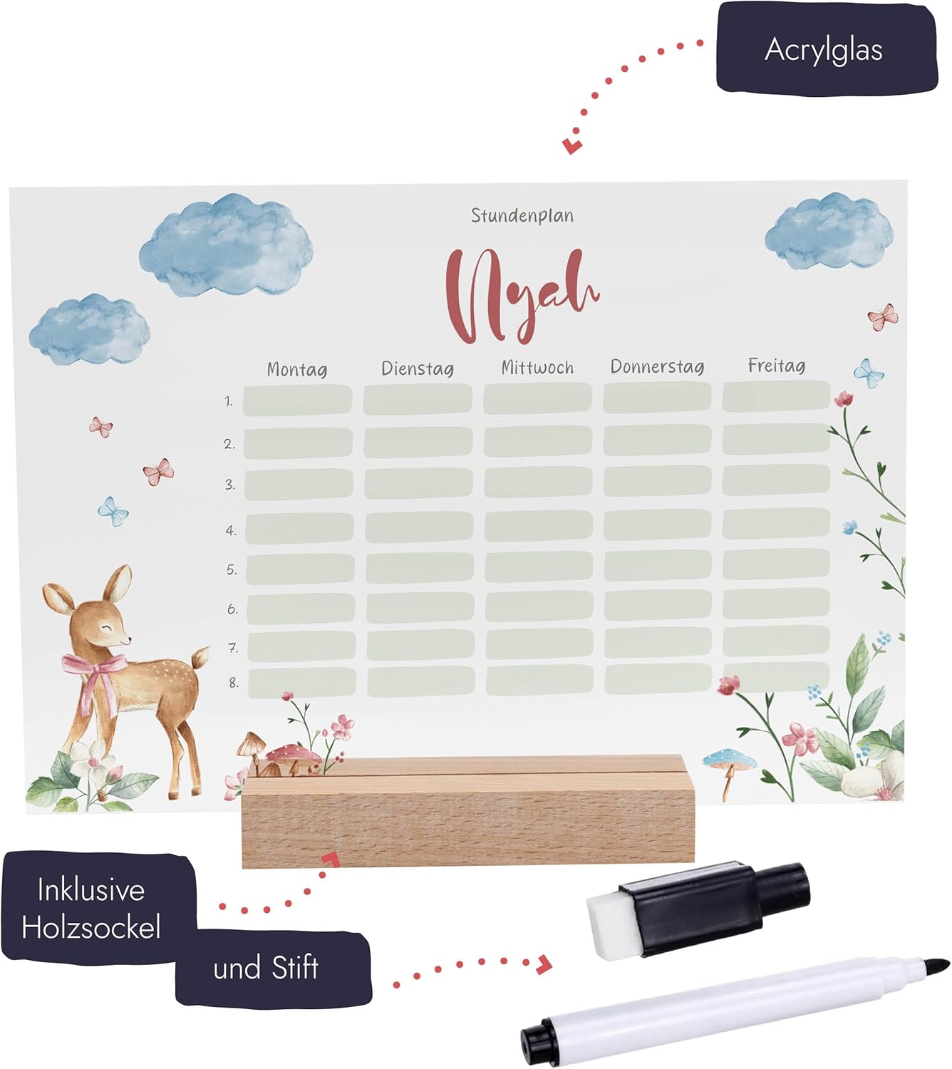 Timetable Wipeable Personalised with Name + Wooden Holder and Pen - DIN A4 - Gifts for School Enrolment - First Day of School Gift for Girls/Boys - Small Gift for First Day of School – Bild 3