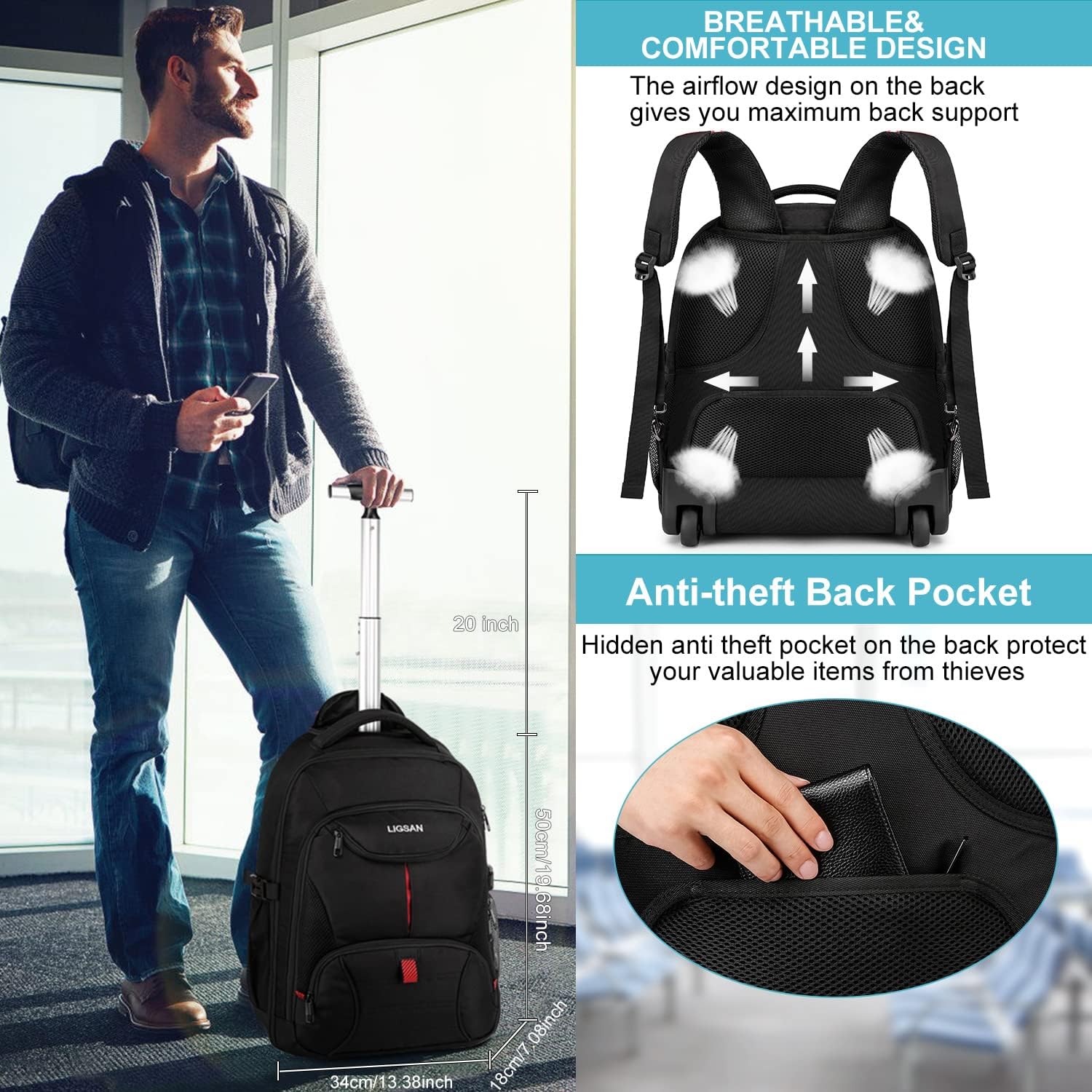 Trolley Backpack with Wheels Laptop Travel Backpack for Adults School Bag with Wheels Business Trolley Laptop Bag, black, School bag with wheels – Bild 5