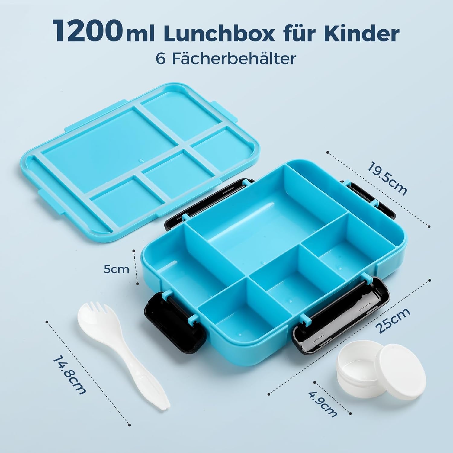 Leak-proof Children's Lunch Box with Compartments, 1200 ml, Children's Lunch Box with 6 Compartments, Bento Box Nursery with Cutlery, Separate Sauce Container, Blue – Bild 5