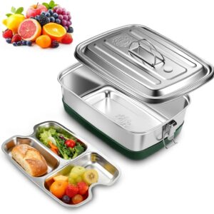 2000 ml Stainless Steel Lunch Box with Compartments, Leak-Proof, BPA-Free, Metal Double Layer Lunch Box, Stainless Steel with Sealing Ring for Meals, Soup, Salad