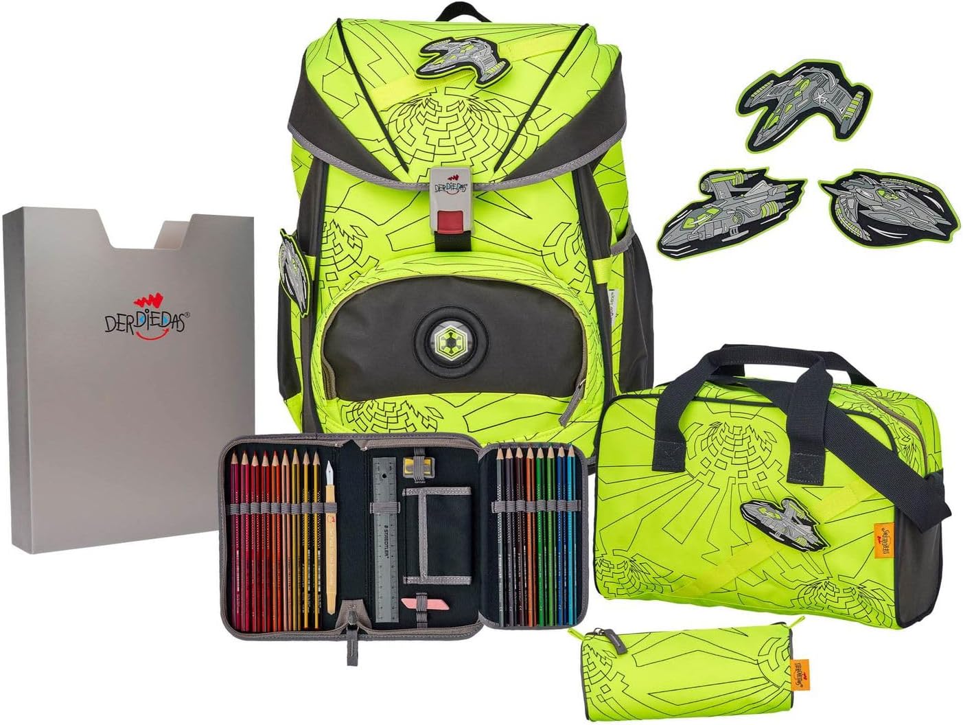 DerDieDas ErgoFlex Superflash School Bag Set 5 Pieces Neon Fighter, Neon Fighter