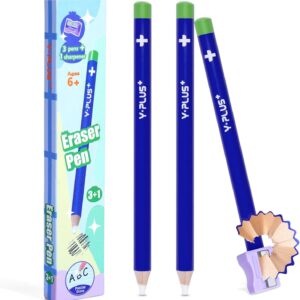 YPLUS Erasers – Pack of 3 Precise and Clean Erasers Ideal for Kids and School Unique Pen Design Includes Sharpener – Blue