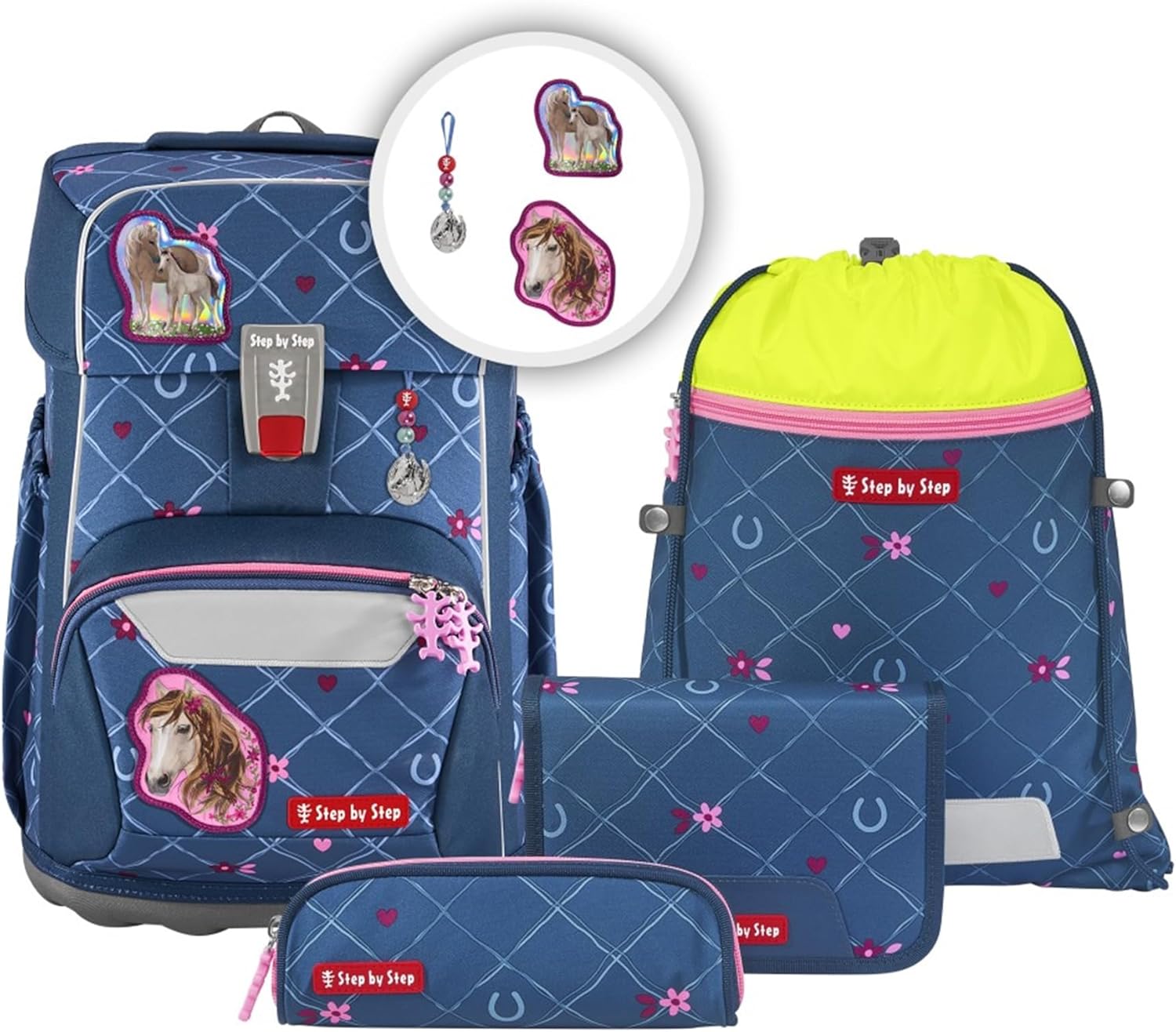 Step by Step Giant Horse Lima School Bag Set, Blue, Ergonomic Satchel with Reflectors, Height Adjustable with Hip and Chest Strap, for Girls from 1st Grade, 23 Litres