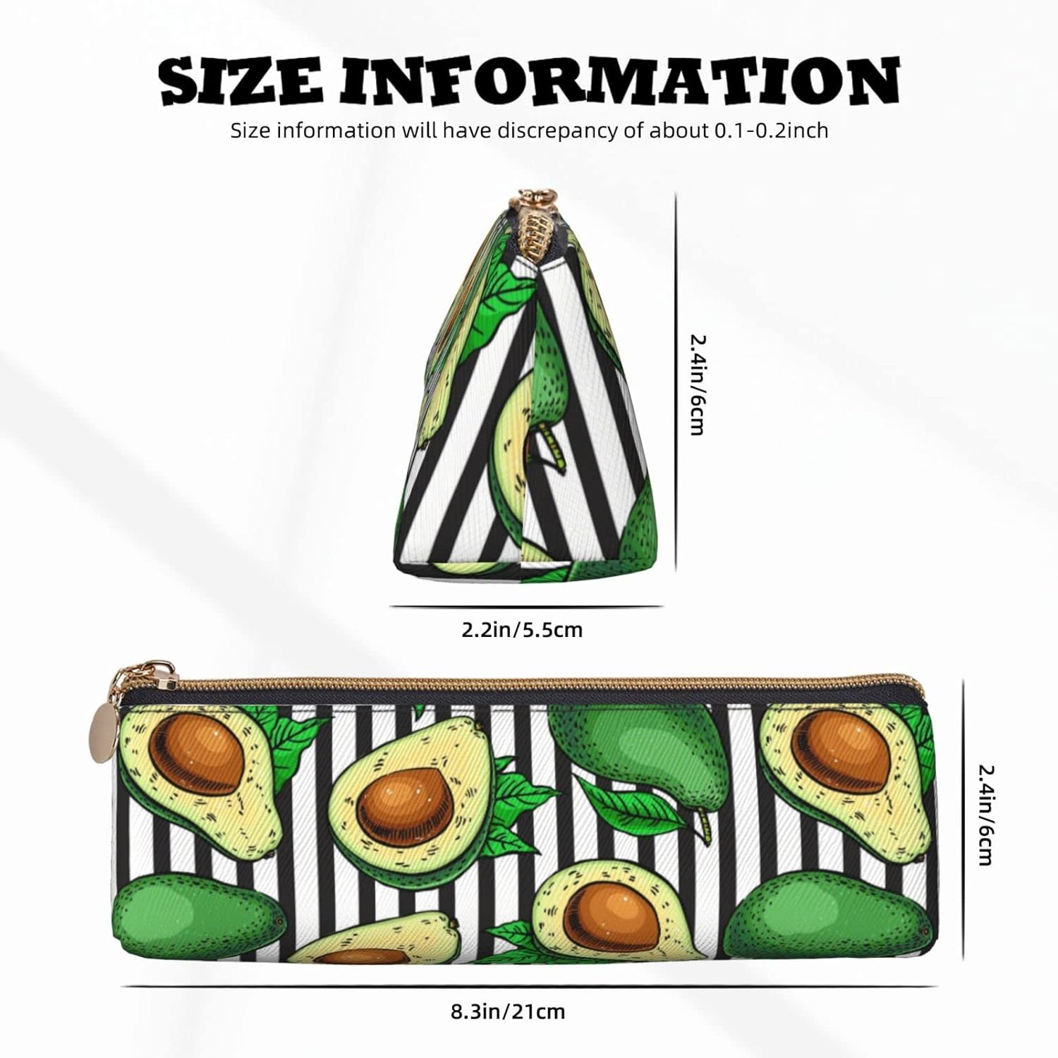 Federmäppchen mit Avocado-Motiv, schwarz-weiß gestreift, dreieckiges Stiftetui, tragbares Federmäppchen, Leder-Organizer mit Reißverschluss, Kosmetiktasche – Bild 6