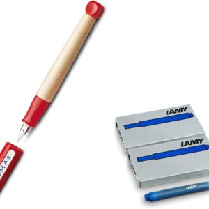 Lamy ABC 009 Fountain Pen Made of Maple Wood and Plastic in Blue Steel Nib, Polished – Spring Thickness A (Beginner) (Spring A, Fountain Holder + Cartridges, Red)