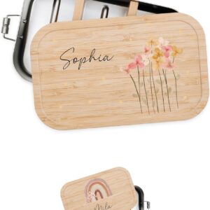 Personalised Lunch Box for Children with Special Print – Robust Stainless Steel Lunch Box – Personalised Gifts for Children and Adults (Flower Dots, Small Tinplate)
