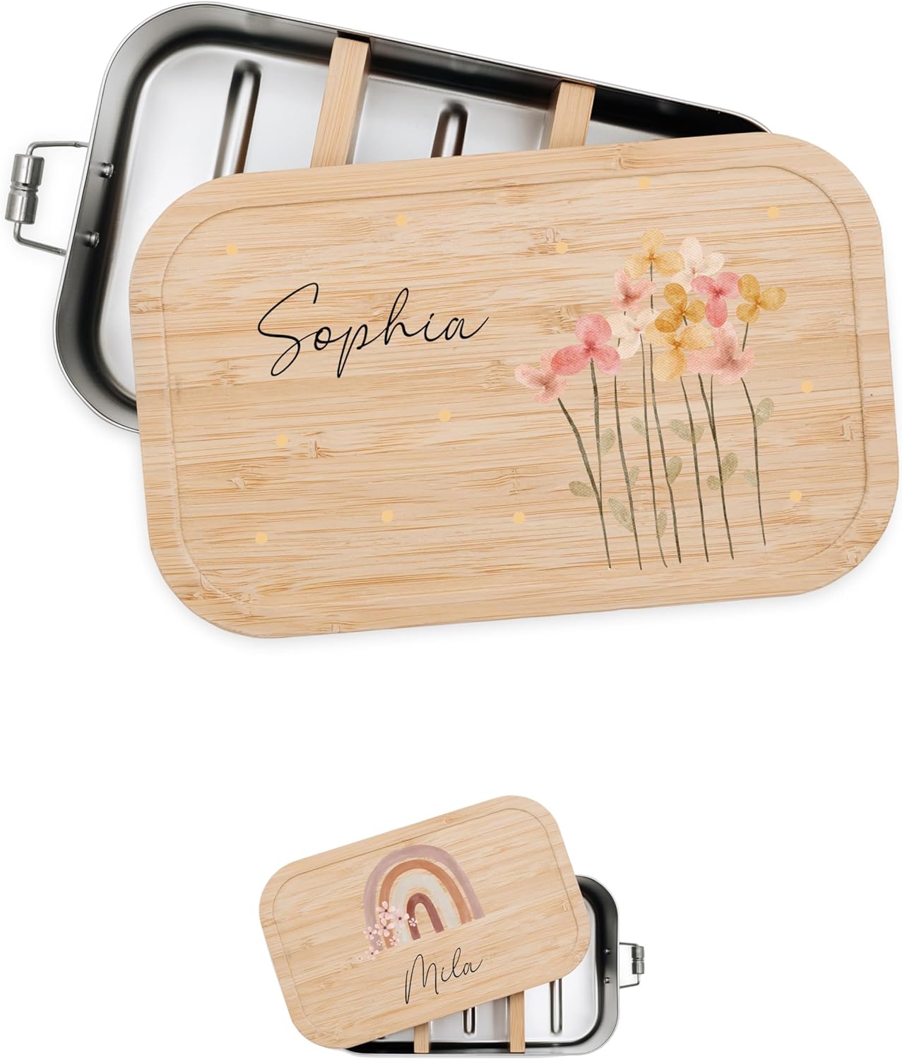 Personalised Lunch Box for Children with Special Print - Robust Stainless Steel Lunch Box - Personalised Gifts for Children and Adults (Flower Dots, Small Tinplate)