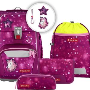 Step by Step Giant Sweet Unicorn Nuala School Bag Set, 5 Pieces, Pink, Ergonomic Satchel with Reflectors, Height Adjustable with Hip and Chest Strap, for Girls from 1st Grade, 23 Litres