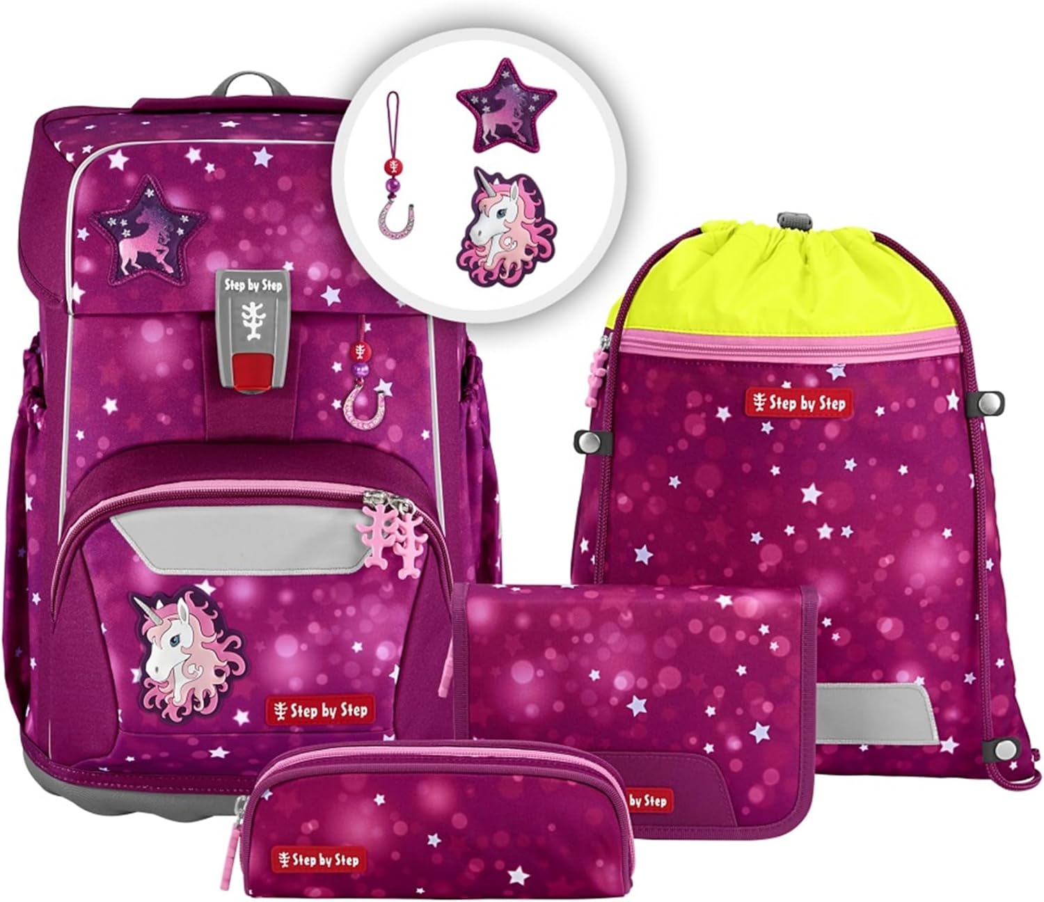 Step by Step Giant Sweet Unicorn Nuala School Bag Set, 5 Pieces, Pink, Ergonomic Satchel with Reflectors, Height Adjustable with Hip and Chest Strap, for Girls from 1st Grade, 23 Litres