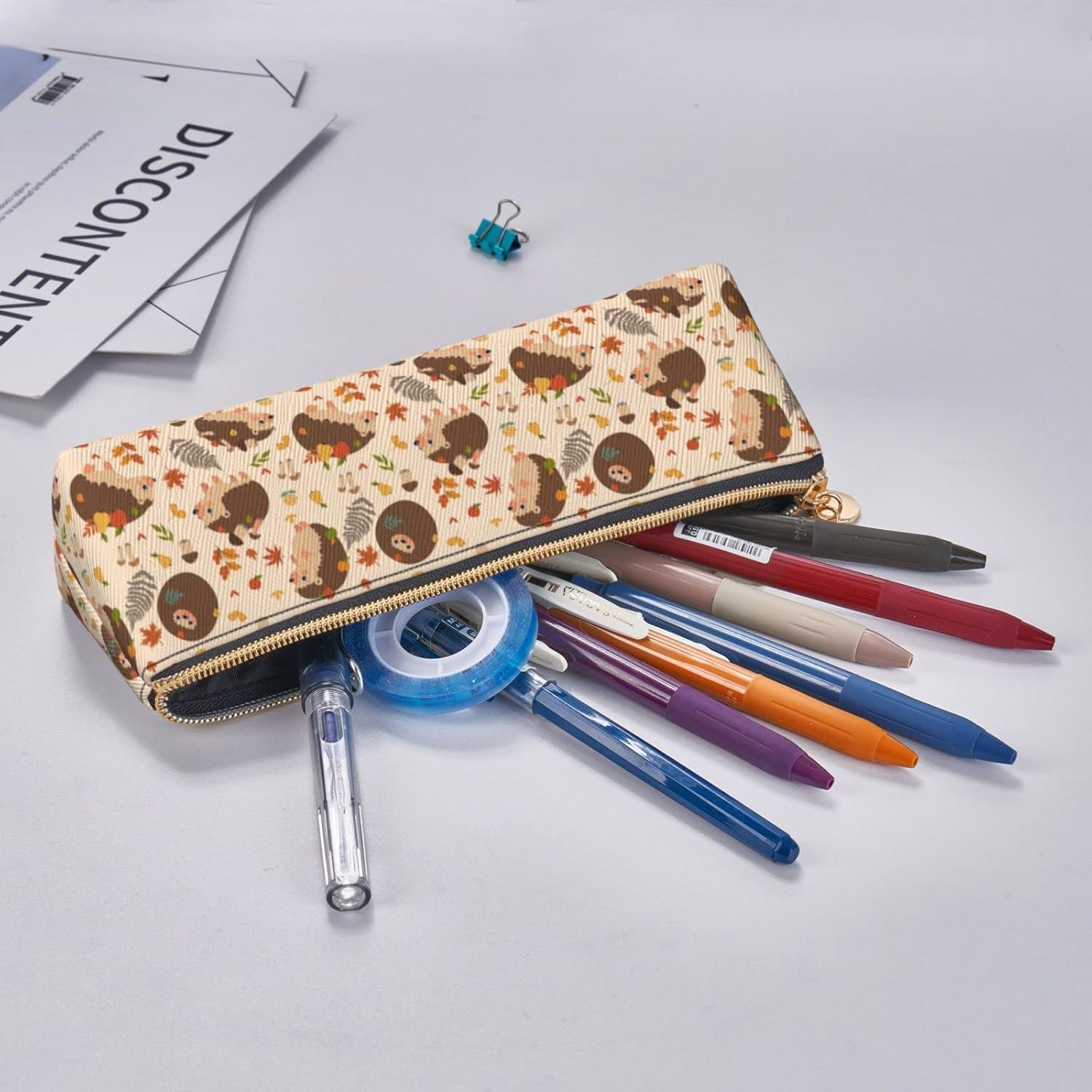 Cute Hedgehog and Mushroom Pattern Pencil Case Cosmetic Bag Pencil Case Triangle Leather Storage Bag Stationery Organizer with Zipper for Adult Office, Cute Hedgehog And Mushroom Pattern 02, – Bild 7