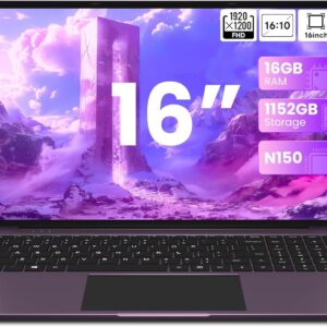 jumper Laptop 16 Inch IPS 1920 x 1200, Intel N150 (3.6 GHz), 16GB RAM 1TB SSD + 128GB eMMC Notebook, 2 Stereo Speakers, USB 3.0/Mini HDMI/38Wh Battery (Purple)