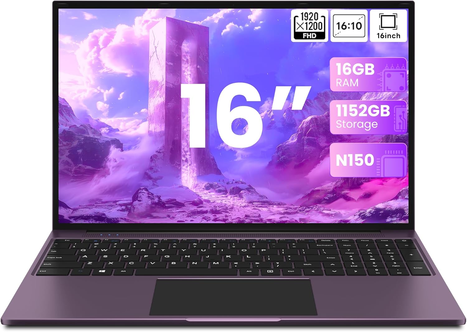 jumper Laptop 16 Inch IPS 1920 x 1200, Intel N150 (3.6 GHz), 16GB RAM 1TB SSD + 128GB eMMC Notebook, 2 Stereo Speakers, USB 3.0/Mini HDMI/38Wh Battery (Purple)