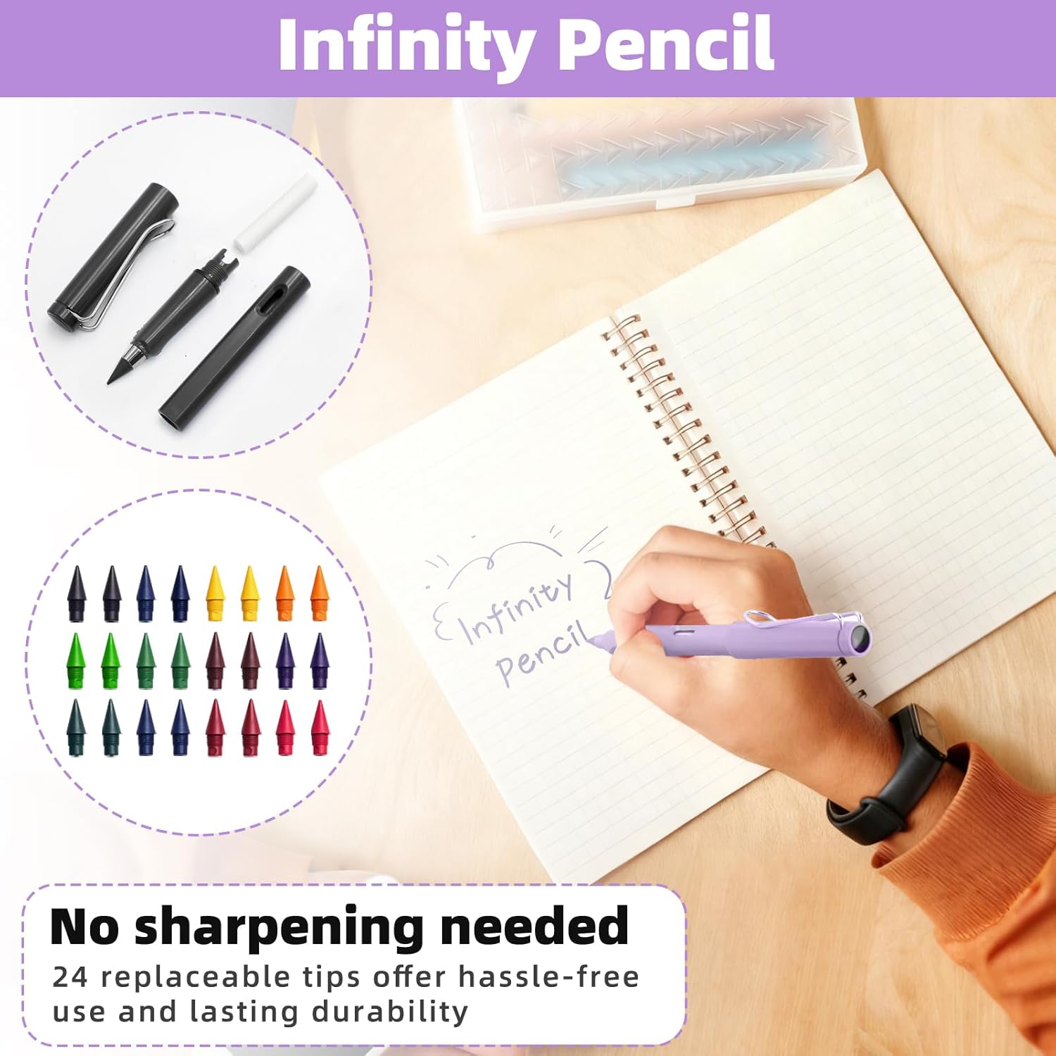 Eternal Pencil, Pack of 12 Swify Magic Pencil with 24 Interchangeable Heads, Colourful Inkless Colouring Pencils with Eraser, Infinity Pencil for Adults, Students and Artists – Bild 5
