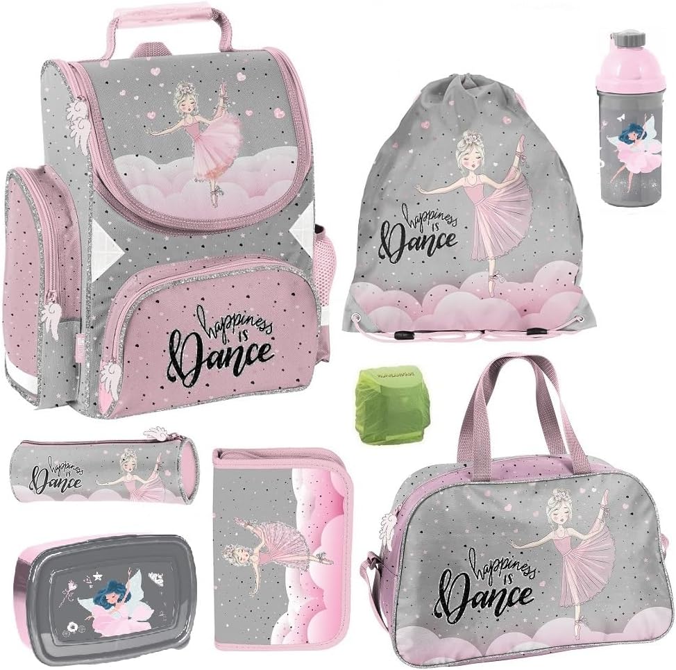 Familando Ballerina Girls' School Bag, Set of 9 Pieces Scooli Campus Fit School Bag with Lunch Box, Drinking Bottle, Sports Bag and Rain Cover, Ballet Princess