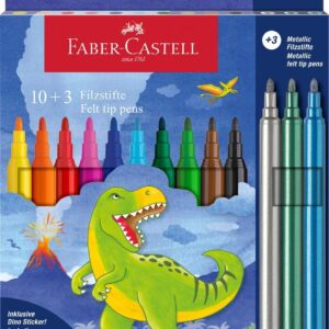 Faber-Castell 554214 – Cardboard Case with 13 Felt Tip Pens – 10 Classic Colours + 3 Metal Pens – Dinosaur Edition