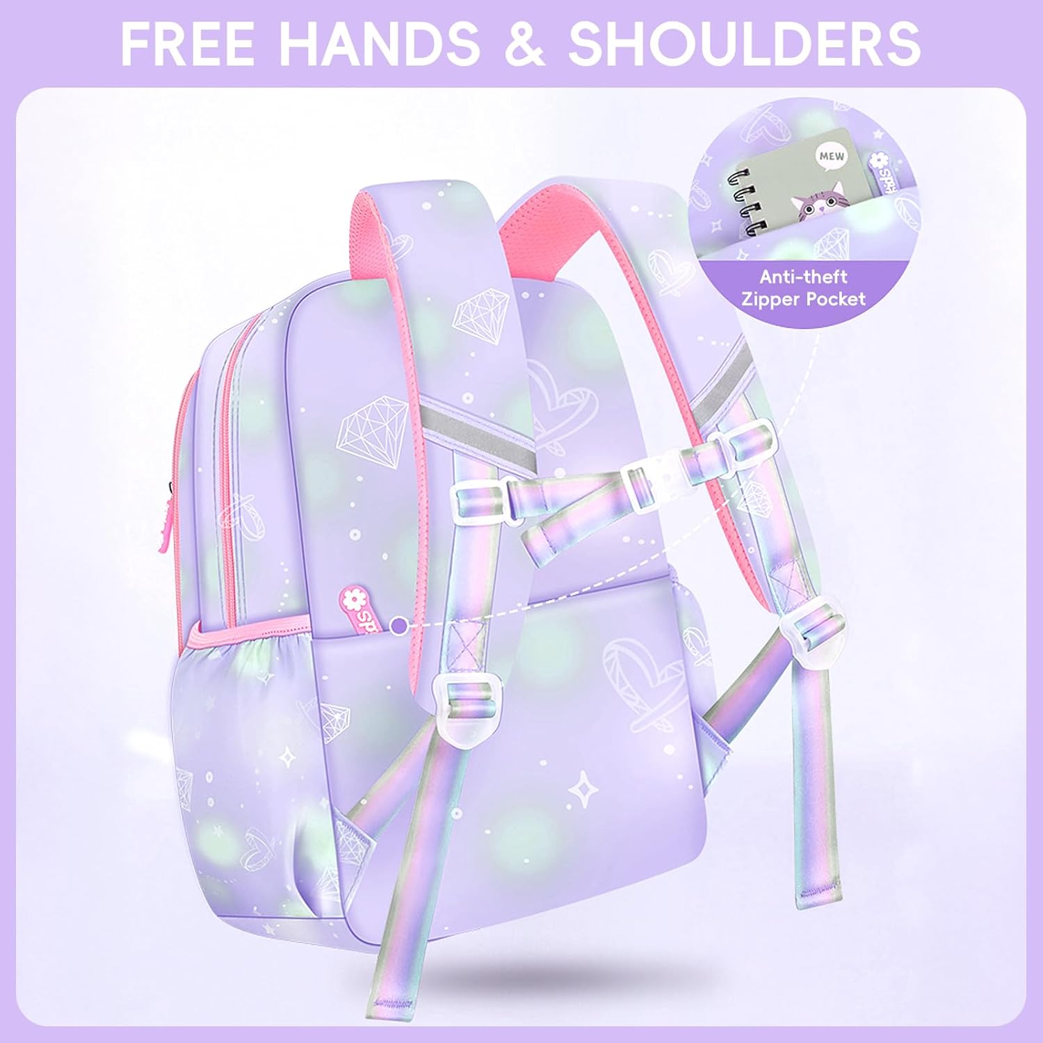School Backpack Girls Set 3 in 1 with Lunch Bag Pencil Case, 2025 Backpack School Children's School Bag with Chest Strap Reflective, School Bag Kawaii Water-Repellent 26L, 6777, purple – Bild 5