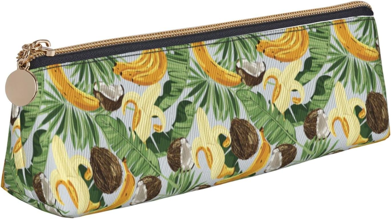 Federmäppchen mit tropischem Bananen-Kokosnuss-Muster, Kosmetiktasche, Stifttasche, dreieckiges Leder, Aufbewahrungstasche, Reißverschluss, Schreibwaren-Organizer für das Büro von Erwachsenen
