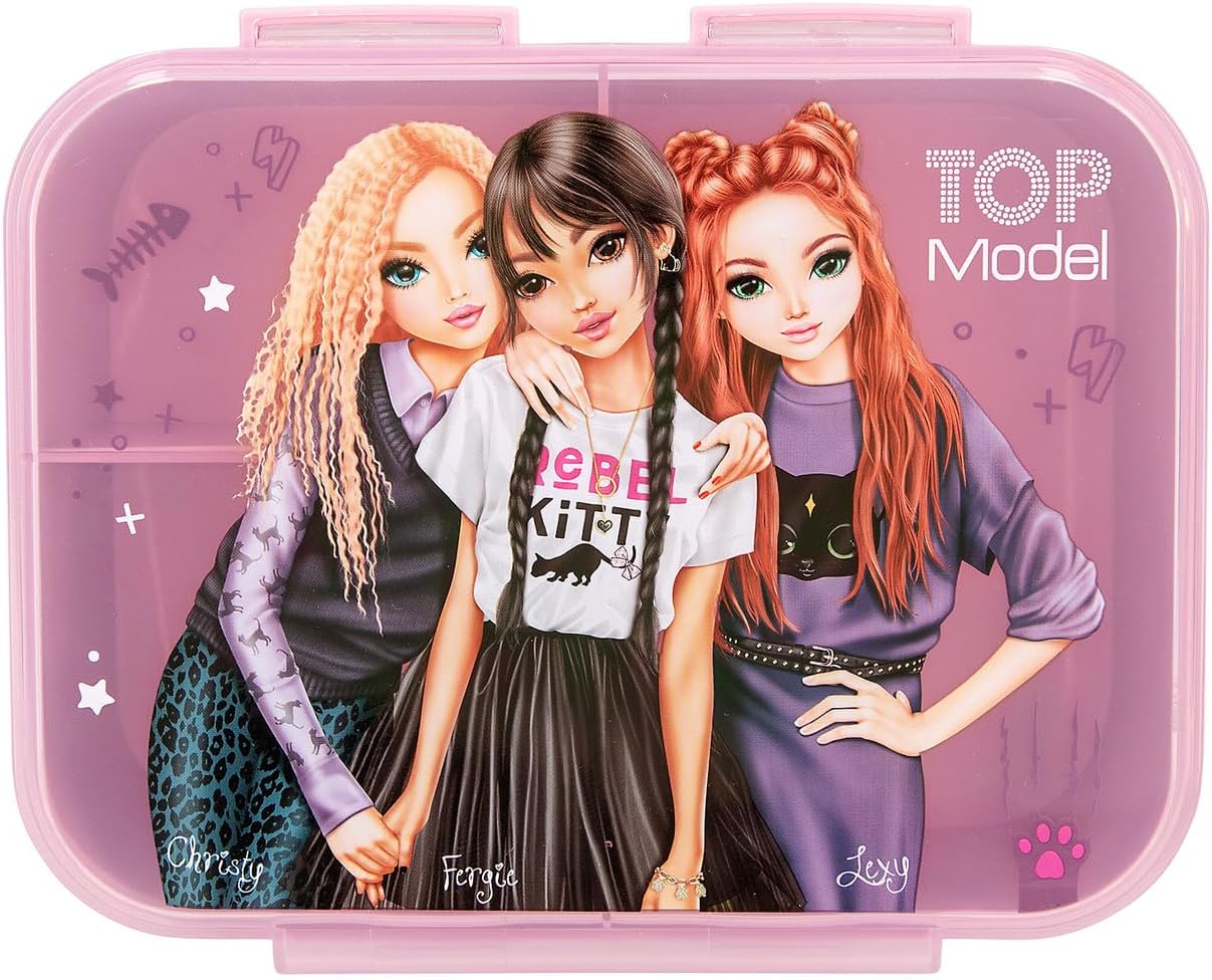 Depesche TOPModel Rebel Kitty 13257 Lunch Box in Purple with Model Motif and Leo Pattern, Lunch Box with 3 Compartments and Transparent Lid