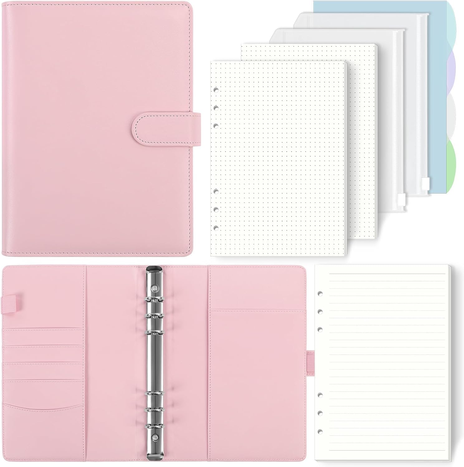 SKYDUE A5 Ring Binder, A5 Refillable, 135 Sheets Refill Paper, Notebook with Binder Pockets, A5 Binder for School Notes and Travel Journals (Light Pink)