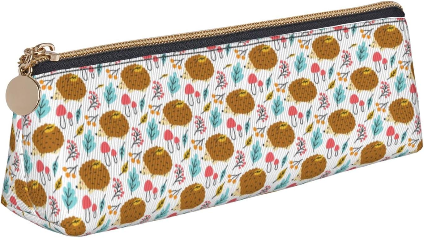 Cute Hedgehog Floral Pencil Case Cosmetic Bag Pencil Case Triangle Leather Storage Bag Stationery Organizer with Zipper for Adults Office, Cute Hedgehog And Flowers Pattern 02, Bag organiser